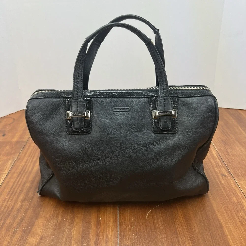 Coach F25796 Black Leather Satchel Handbag Silver Hardware Zip Top Purse